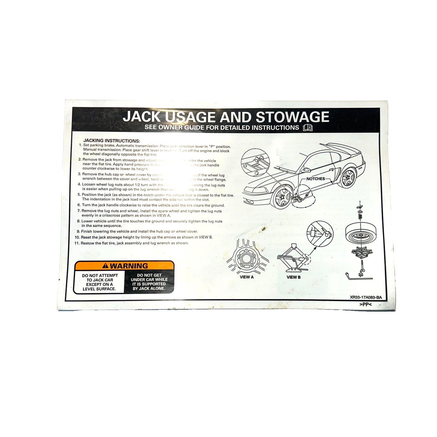 1999-2004 Ford Mustang Trunk Spare Jack Usage & Stowage Guide Paper Instructions