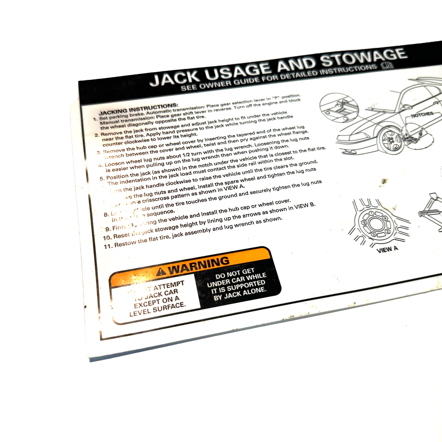 1999-2004 Ford Mustang Trunk Spare Jack Usage & Stowage Guide Paper Instructions