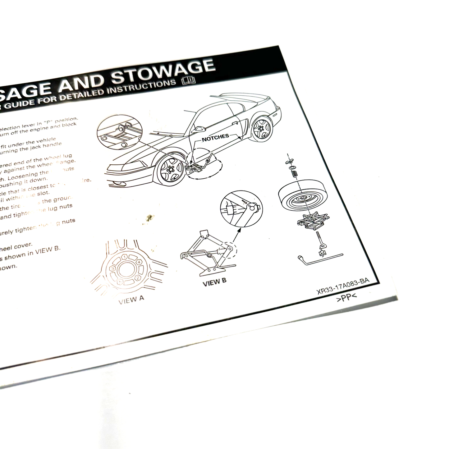 1999-2004 Ford Mustang Trunk Spare Jack Usage & Stowage Guide Paper Instructions